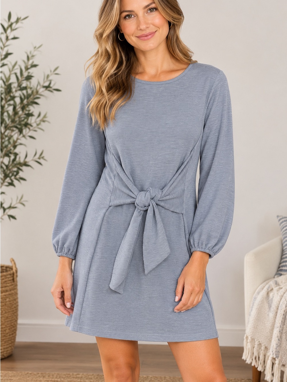 Tie-Waist Long Sleeve Mini Dress in Dusty Blue